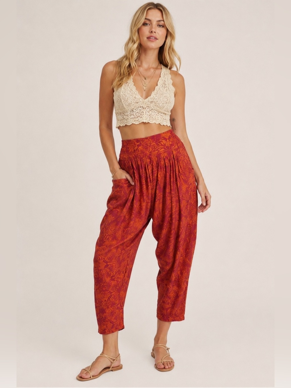 Free People Floral Boho Harem Pants in Dusty Papaya Color Size SP